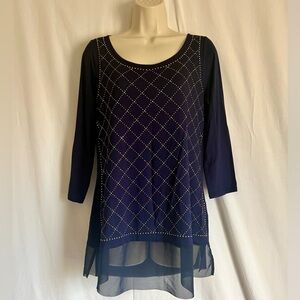 Belldini Midnight Blue and Gold Rhinestone Embellished Blouse